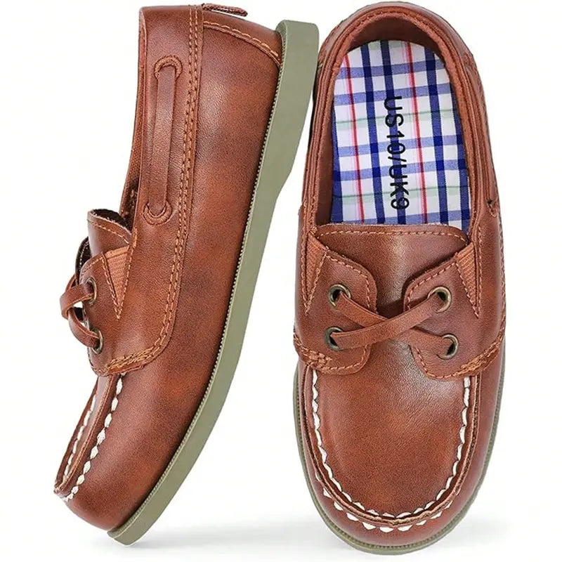 Boys' Faux Leather Loafer-Sneakers, Round Toe Cushioned No-Heel Casual Shoes, Solid Slip-On Student Footwear for Back to School Daily Wear, All-Seasons Classic Easy-to-Style Shoes