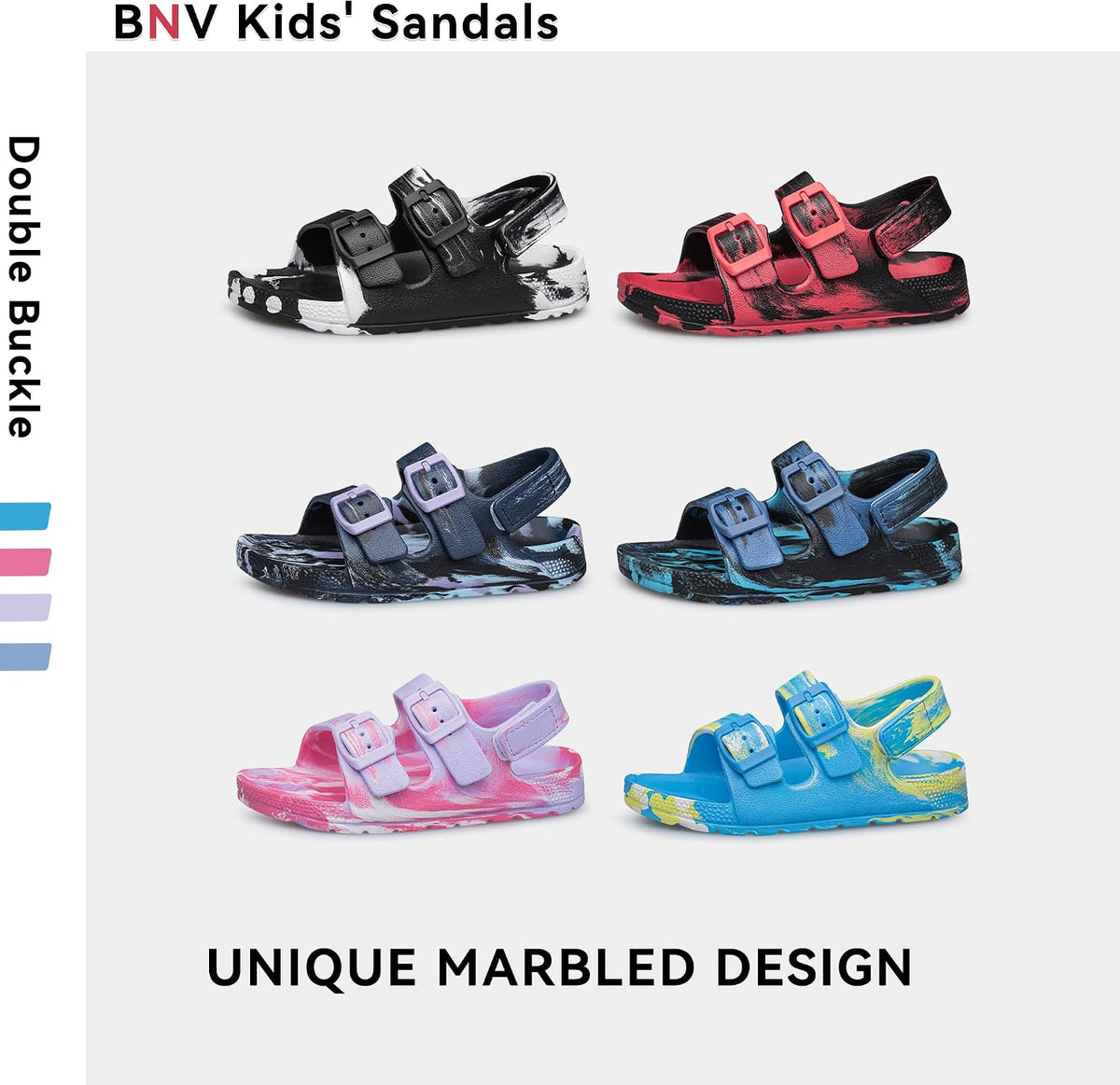 BNV Boys Girls Sandals Unisex Toddler Kids Double Buckle Sandals Comfort Open Toe Adjustable Back Strap Shower Beach Pool Shoes(Toddler/Little Kid/Big Kid)