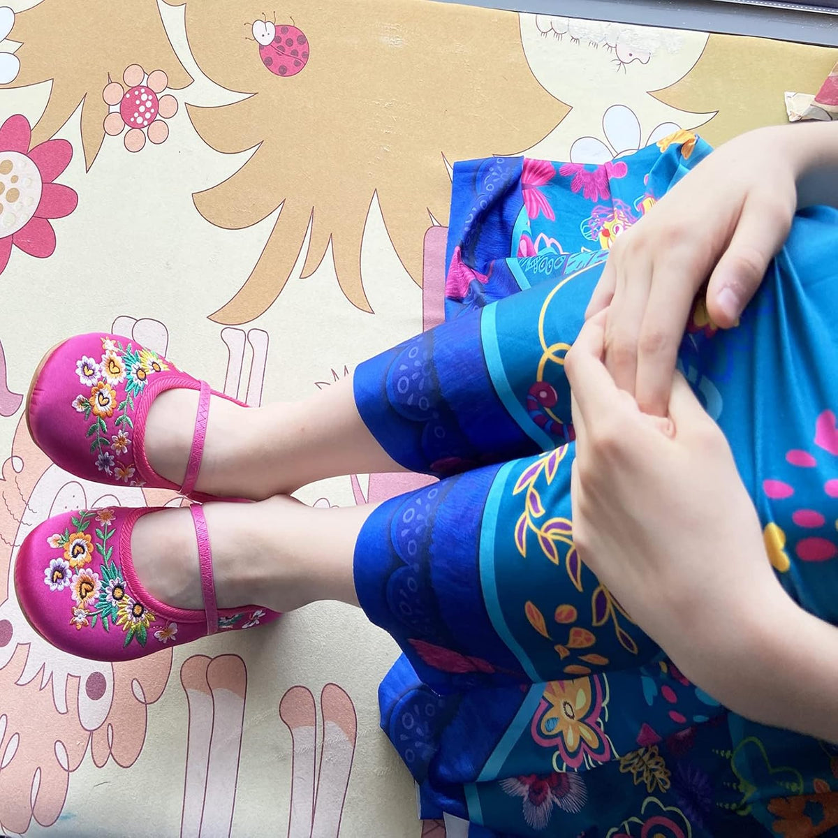 Mary-Jane Flats Shoes Girls Costume Cosplay Dress Up Shoes Floral Embroider