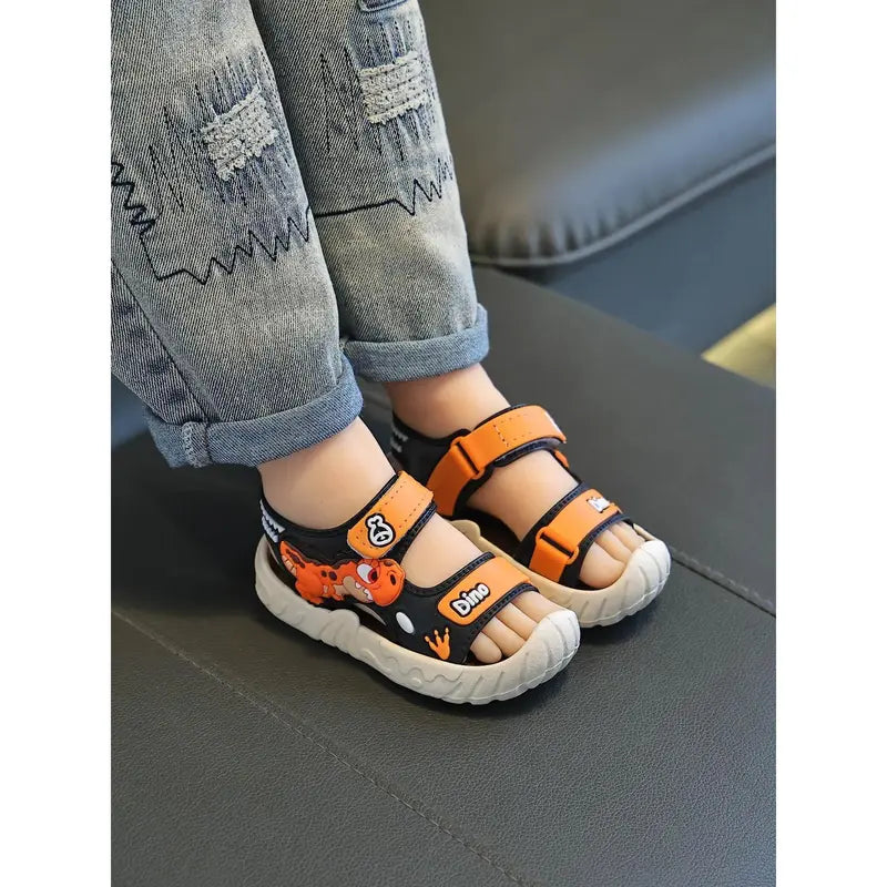 Boys' Soft PVC Soft-Soled Velcro-Strap Sandals - Cartoon Print, Summer Casual Sport Footwear for Outdoor Play, Beach Fun