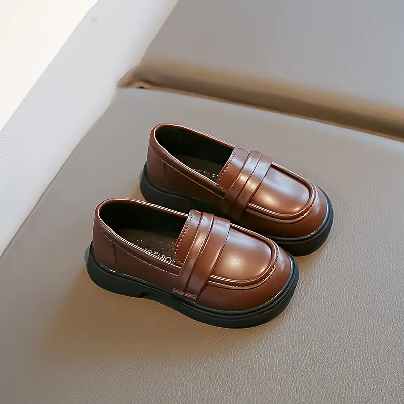 Kids' Retro Classic Loafers - Brown & Black Faux Cover Shoes with Rubber Sole, Slip-On Round Toe Design for Casual Attire, Wedding, or Everyday Style, Cute Shoes