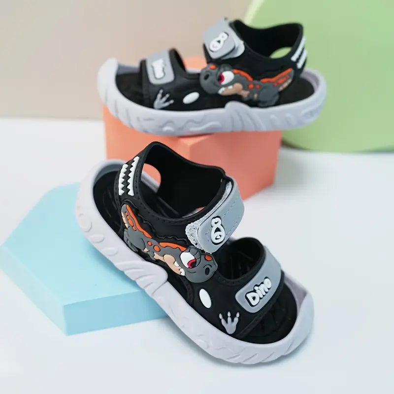 Boys' Cute Dinosaur Casual Sandals - Synthetic & PVC Upper, Breathable Sole, Lightweight, Open Toe, <1cm Flat Heel, Fun Graphics, Summer Footwear for Outdoor Play, Beach Use, Flat Heel (1 Cm Or Less)