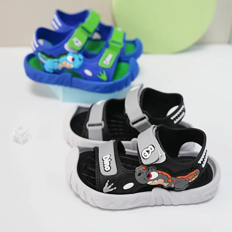 Boys' Cute Dinosaur Casual Sandals - Synthetic & PVC Upper, Breathable Sole, Lightweight, Open Toe, <1cm Flat Heel, Fun Graphics, Summer Footwear for Outdoor Play, Beach Use, Flat Heel (1 Cm Or Less)