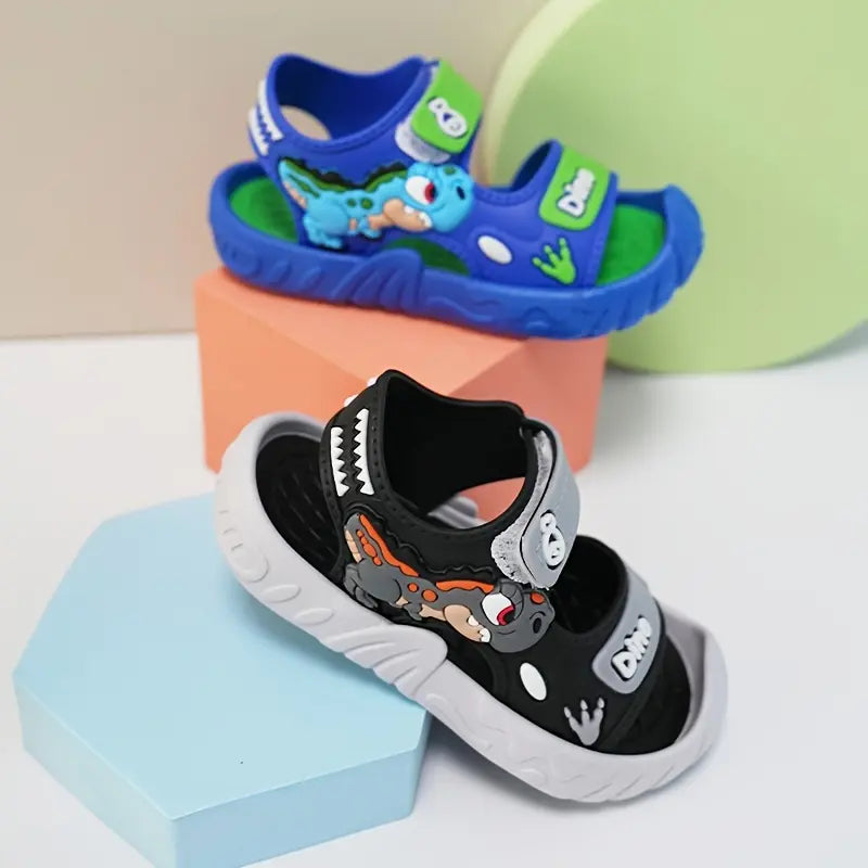 Boys' Cute Dinosaur Casual Sandals - Synthetic & PVC Upper, Breathable Sole, Lightweight, Open Toe, <1cm Flat Heel, Fun Graphics, Summer Footwear for Outdoor Play, Beach Use, Flat Heel (1 Cm Or Less)