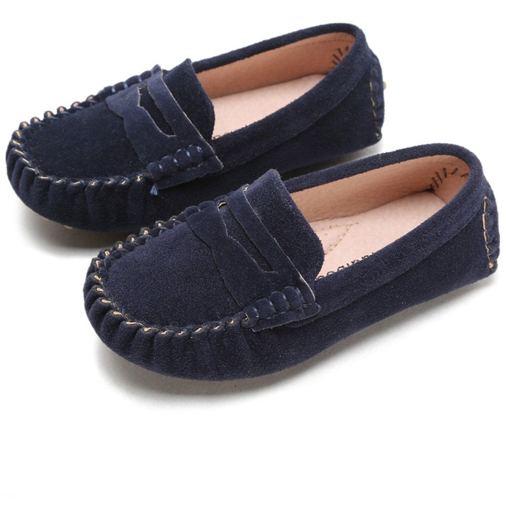 Battle Men Penny Loafers for Little Kids Square Moc Toe Stiching Slip on Faux Suede Flexiable Rubber Sole Flat Heel Toddler's Moccasins One Size Smaller