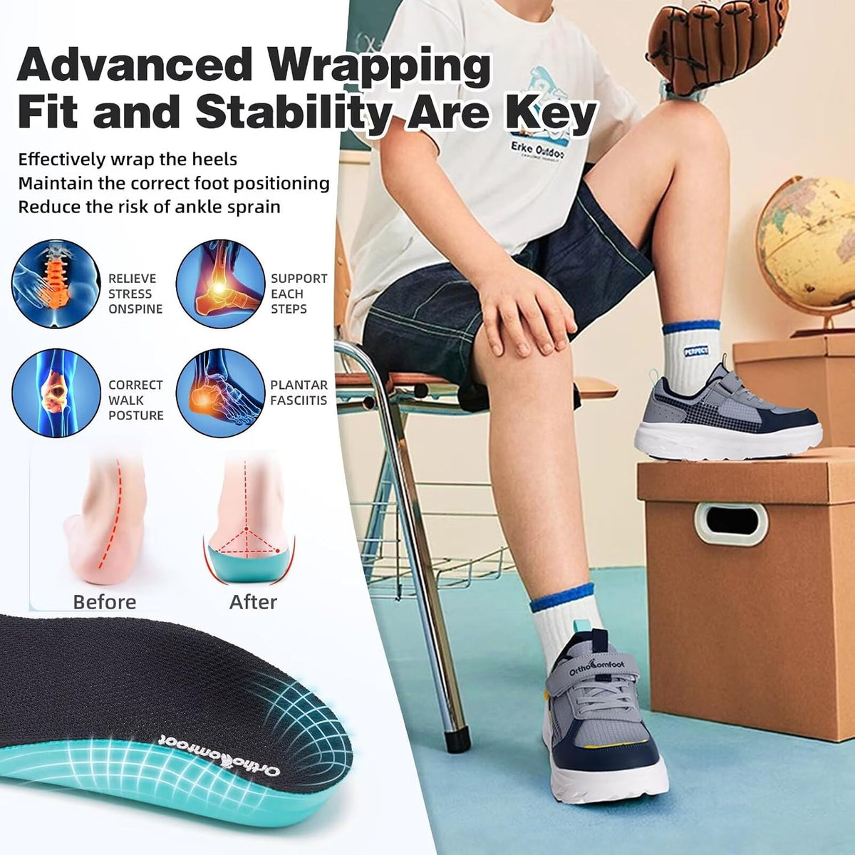 Boys Girls Kids Orthopedic Tennis Shoes: Wide Toe Box Comfortable Casual Arch Support Plantar Fasciitis Running Sneakers, Orthotic Athletic School Sport Walking Shoes for Foot and Pain Relief