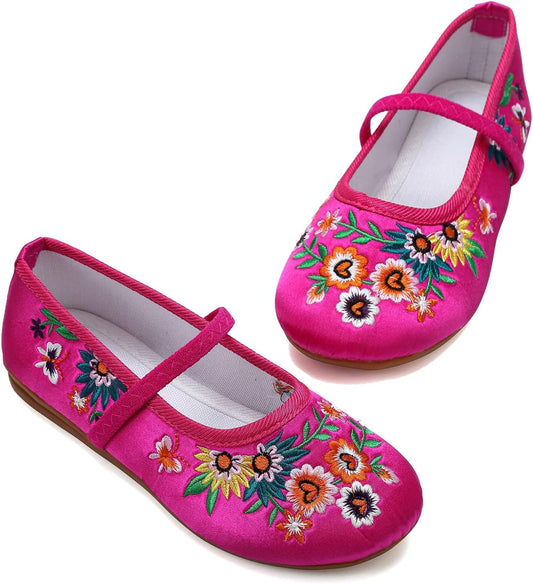 Mary-Jane Flats Shoes Girls Costume Cosplay Dress Up Shoes Floral Embroider