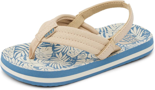 Reef Toddler/Little Kid Ahi Beach Flip Flop, Soft Cushion Footbed, Water Friendly, Backstrap, Blue/Tan Palm, 6