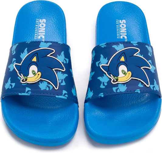 Sonic the Hedgehog Sliders For Boys Kids Sonic Face Sandals Beach Shower Shoes | Childrens Blue Flip Flops Summer Footwear