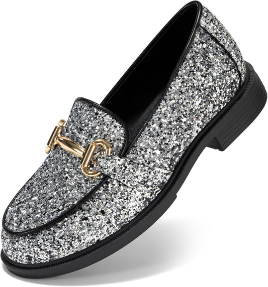 Haloumoning Boy's Glitter Loafers Slip on Flats Dressy Formal Party Shoes