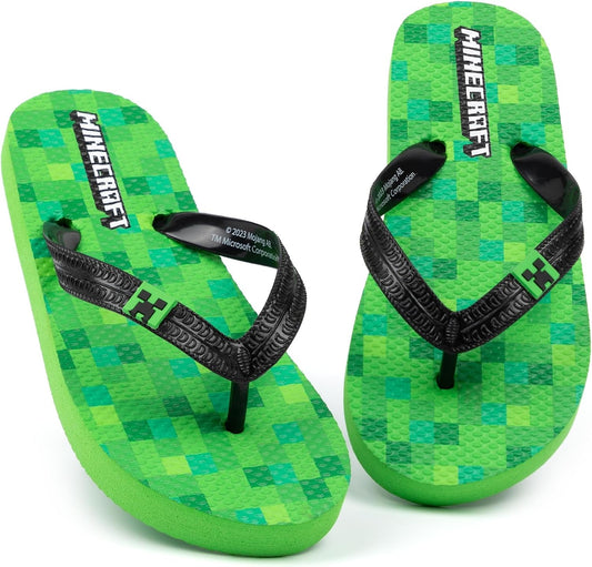 Minecraft Creeper Kids Sandals Kids | Green Flip Flop Sliders | Block Pixel Game Villain Summer Shoes | Slip-on Footwear