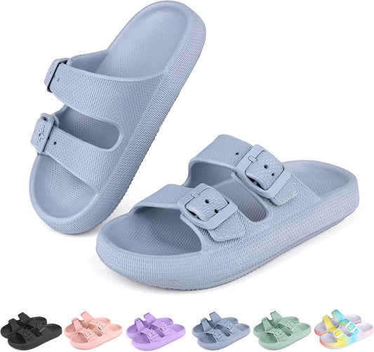 Kids Buckle Cloud Slides丨Boys Girls Slip On Sandals丨Youth Shower Flip Flops Beach Pool Shoes EVA Adjustable Summer Slippers （12 Little Kids - 7 Big Kids）