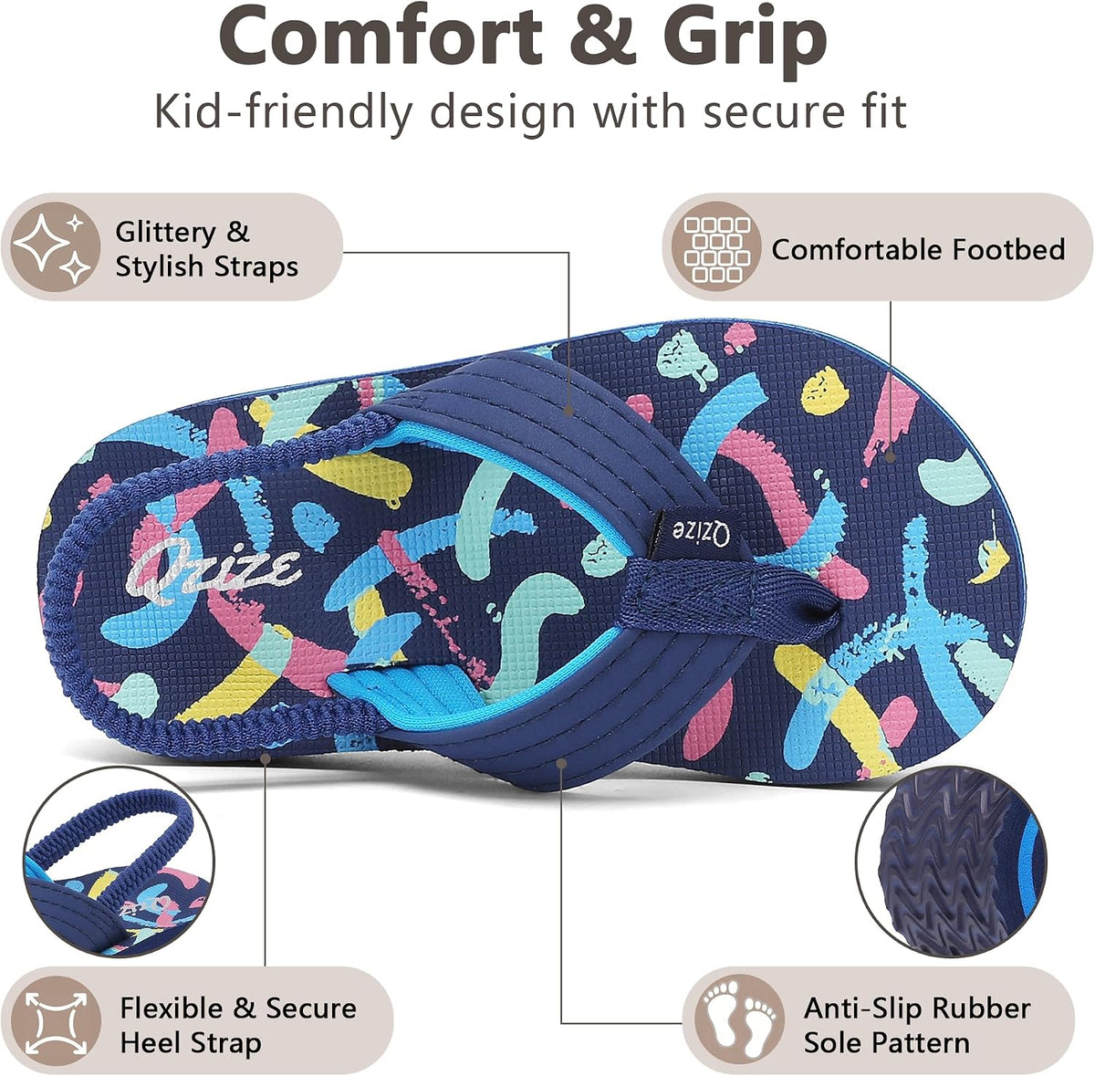 Kids Flip Flops with Adjustable Back Strap Glitter EVA Thong Sandals