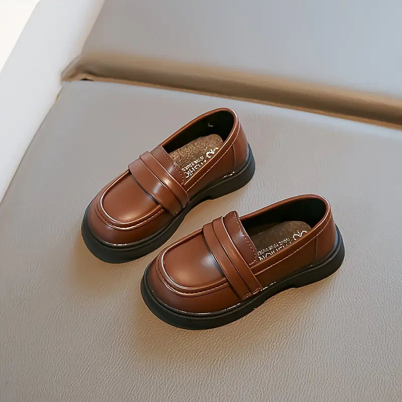 Kids' Retro Classic Loafers - Brown & Black Faux Cover Shoes with Rubber Sole, Slip-On Round Toe Design for Casual Attire, Wedding, or Everyday Style, Cute Shoes