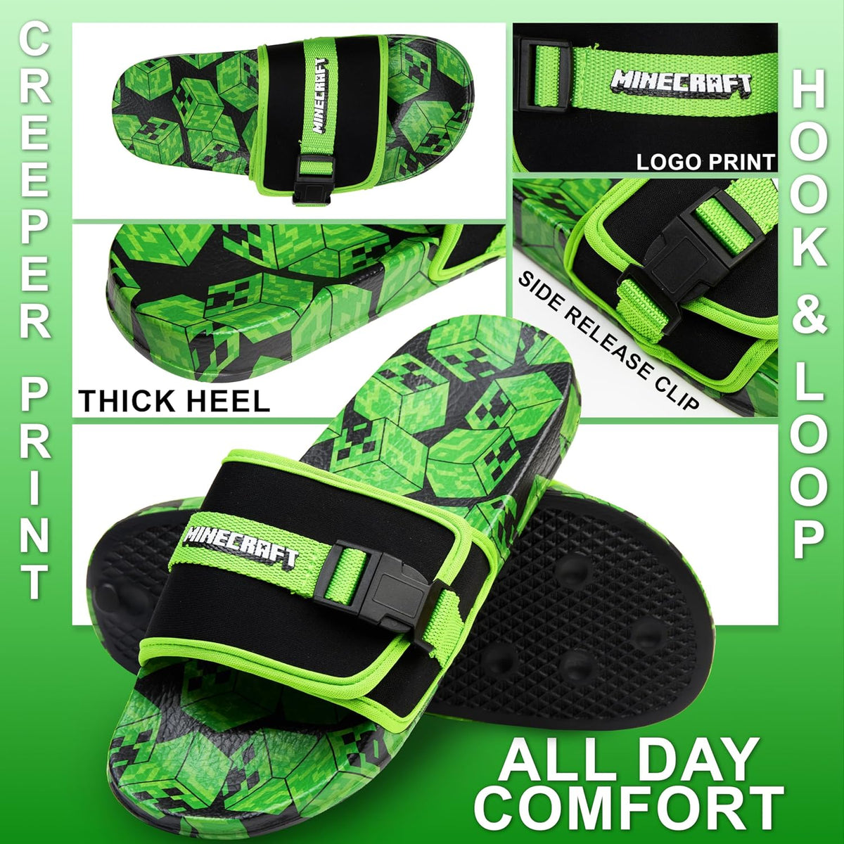 Get Trend Minecraft Slides for Boys, Summer Sandals Slip On Indoor Outdoor Creeper Kids Footwear, Gifts for Gamers US 11 to 7