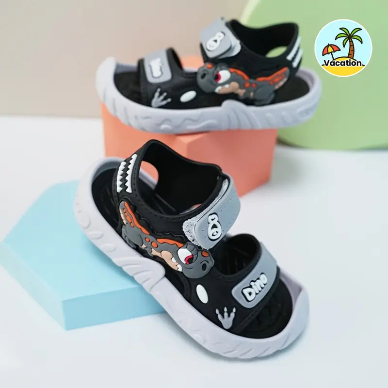 Boys' Cute Dinosaur Casual Sandals - Synthetic & PVC Upper, Breathable Sole, Lightweight, Open Toe, <1cm Flat Heel, Fun Graphics, Summer Footwear for Outdoor Play, Beach Use, Flat Heel (1 Cm Or Less)