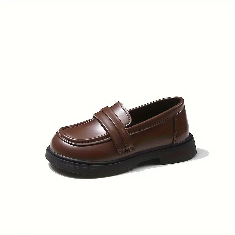 Kids' Retro Classic Loafers - Brown & Black Faux Cover Shoes with Rubber Sole, Slip-On Round Toe Design for Casual Attire, Wedding, or Everyday Style, Cute Shoes